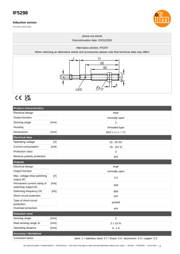 IF5298 \ Inductive sensor \ Range 2 mm \ PNP NO \ M12 \ Cable PVC 6 m datasheet
