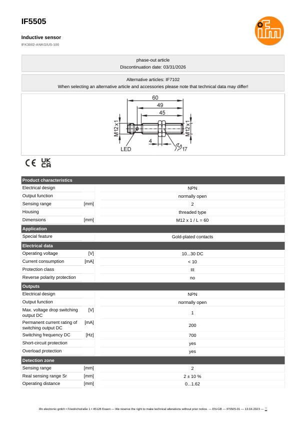 IF5505 \ Inductive sensor \ Range 2 mm \ NPN NO \ M12 \ Connector M12 datasheet