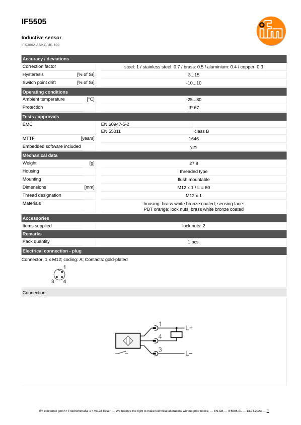 IF5505 \ Inductive sensor \ Range 2 mm \ NPN NO \ M12 \ Connector M12 datasheet