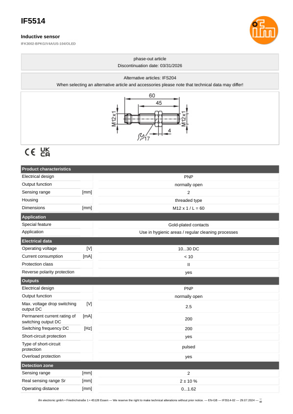 IF5514 \ Inductive sensor \ Range 2 mm \ PNP NO \ M12 \ Connector M12 datasheet