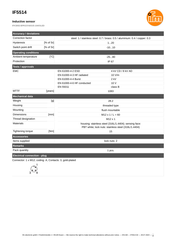 IF5514 \ Inductive sensor \ Range 2 mm \ PNP NO \ M12 \ Connector M12 datasheet