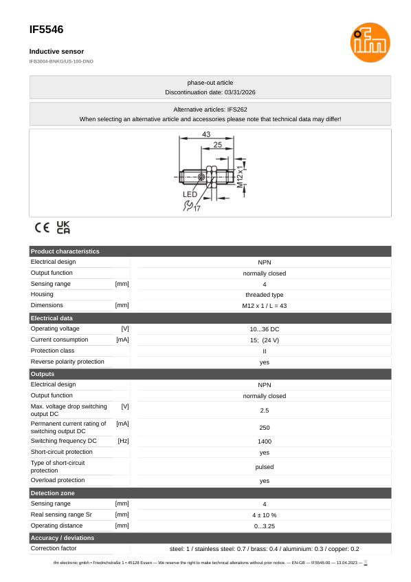 IF5546 \ Inductive sensor \ Range 4 mm \ NPN NC \ M12 \ Connector M12 datasheet