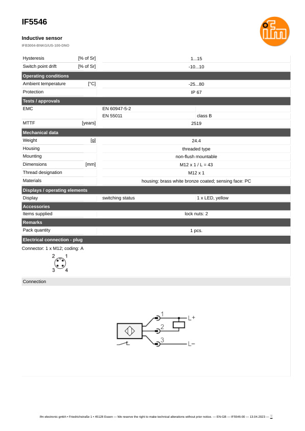 IF5546 \ Inductive sensor \ Range 4 mm \ NPN NC \ M12 \ Connector M12 datasheet