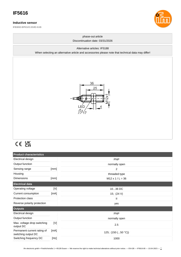 IF5616 \ Inductive sensor \ Range 2 mm \ PNP NO \ M12 \ Cable PVC 2m datasheet
