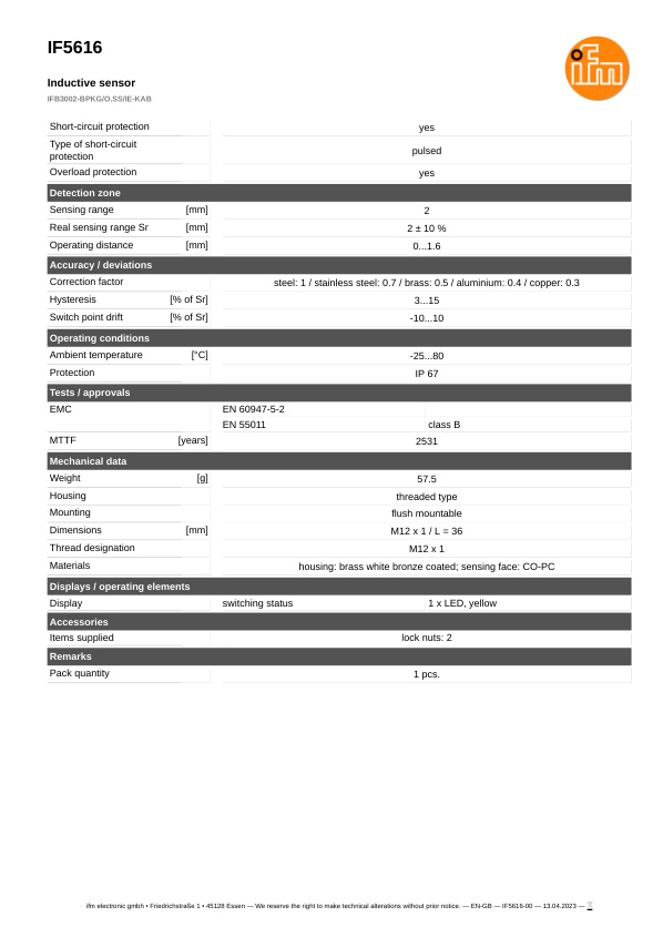 IF5616 \ Inductive sensor \ Range 2 mm \ PNP NO \ M12 \ Cable PVC 2m datasheet