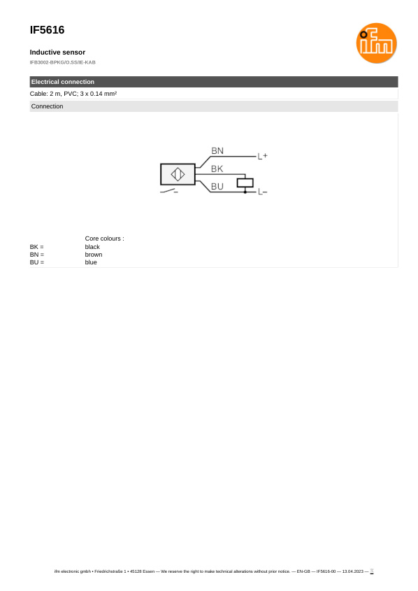 IF5616 \ Inductive sensor \ Range 2 mm \ PNP NO \ M12 \ Cable PVC 2m datasheet