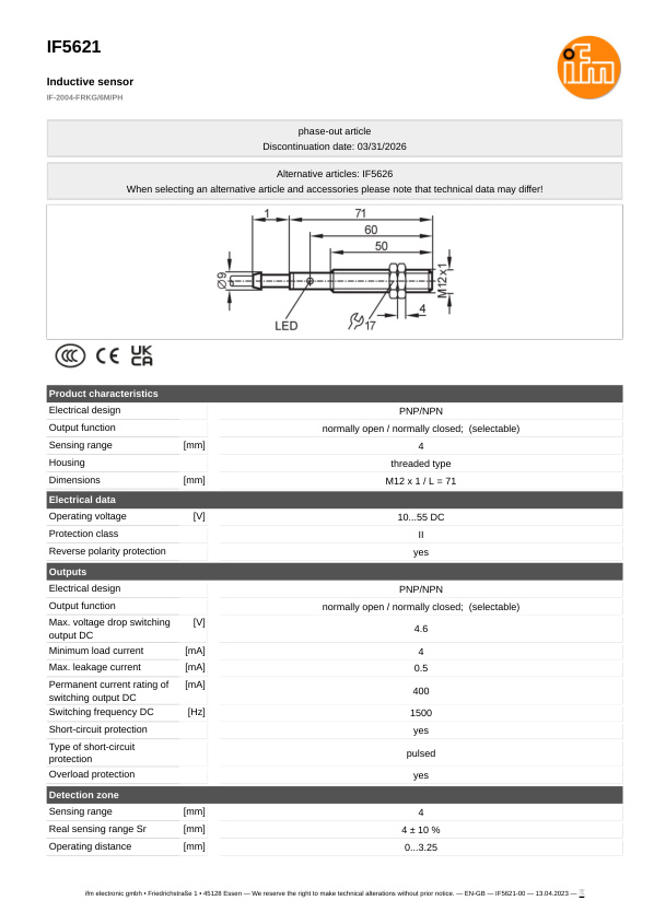 IF5621 \ Inductive sensor \ Range 4 mm \ PNP/NPN NO/NC \ M12 \ Cable PUR 6m datasheet