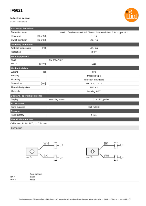 IF5621 \ Inductive sensor \ Range 4 mm \ PNP/NPN NO/NC \ M12 \ Cable PUR 6m datasheet