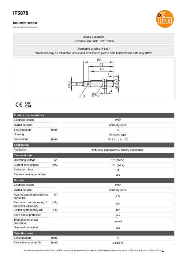 IF5878 \ Inductive sensor \ Range 3 mm \ PNP NO \ M12 \ Cable PVC 6 m datasheet