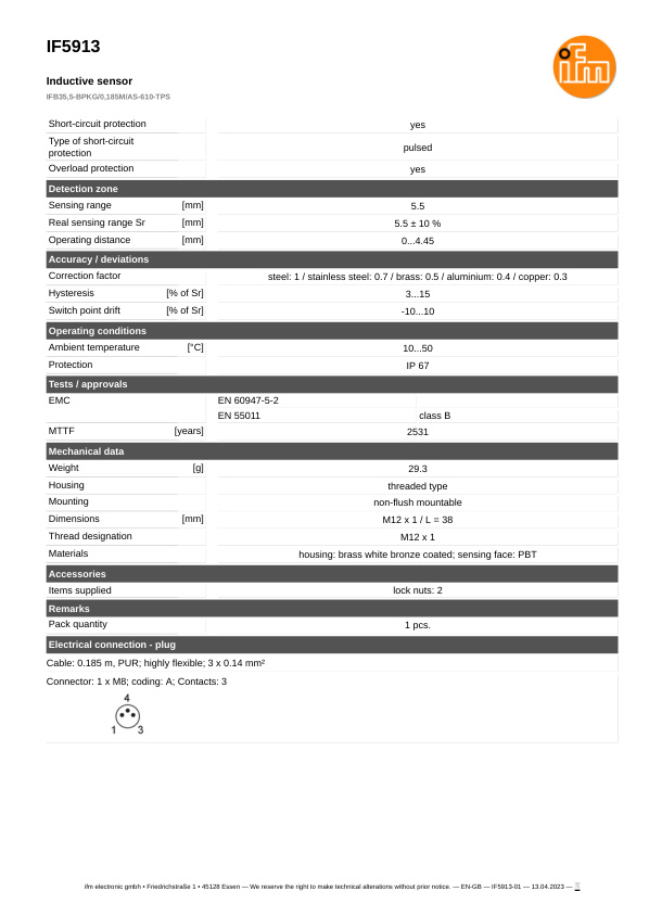 IF5913 \ Inductive sensor \ Range 5.5 mm \ PNP NO \ M12 \ Connector M8 datasheet