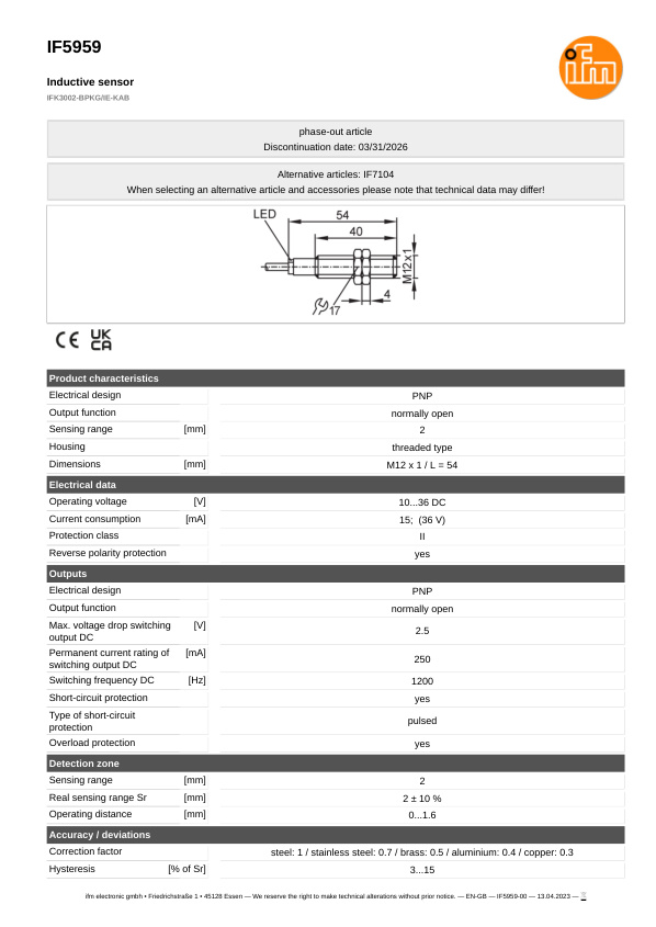 IF5959 \ Inductive sensor \ Range 2 mm \ PNP NO \ M12 \ Cable PVC 2m datasheet