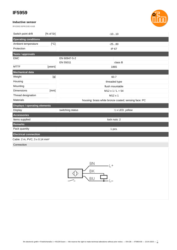 IF5959 \ Inductive sensor \ Range 2 mm \ PNP NO \ M12 \ Cable PVC 2m datasheet