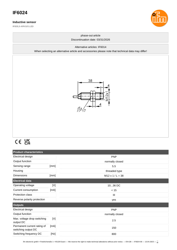 IF6024 \ Inductive sensor \ Range 5.5 mm \ PNP NC \ M12 \ Cable PVC 2m datasheet