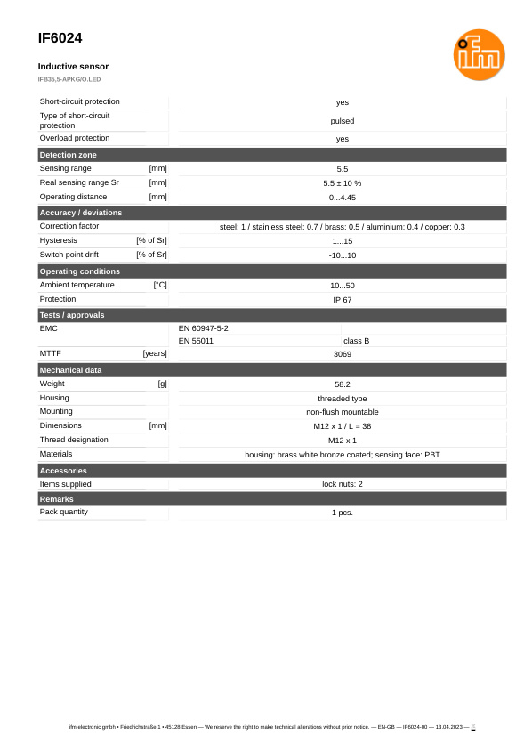 IF6024 \ Inductive sensor \ Range 5.5 mm \ PNP NC \ M12 \ Cable PVC 2m datasheet