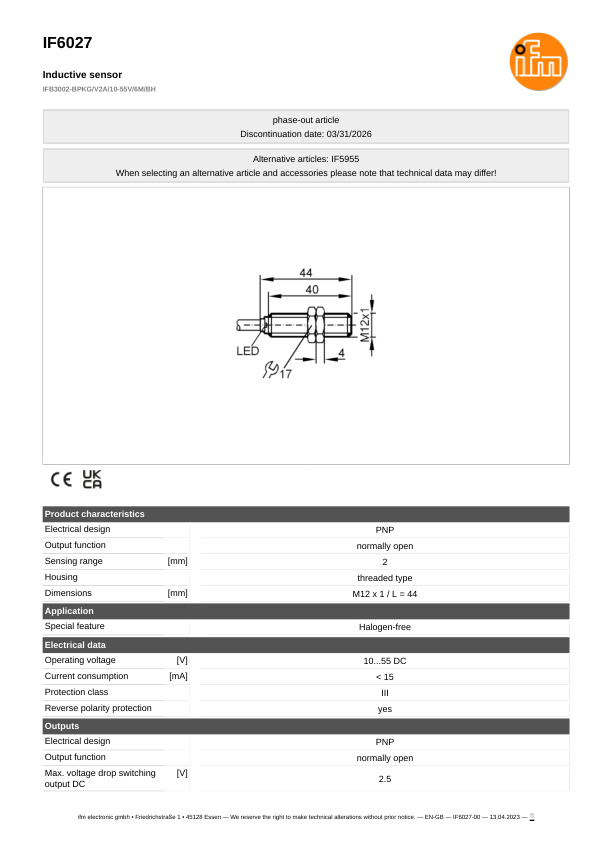IF6027 \ Inductive sensor \ Range 2 mm \ PNP NO \ M12 \ Cable PUR 6m datasheet