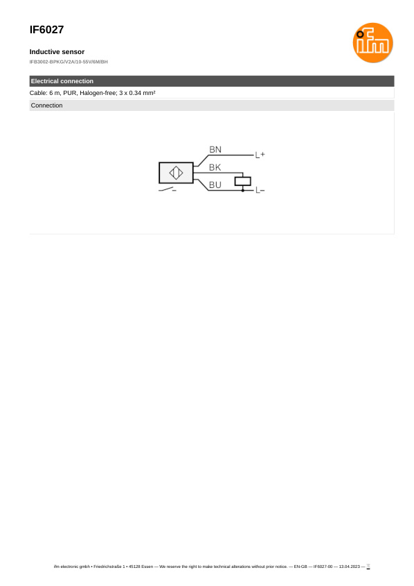 IF6027 \ Inductive sensor \ Range 2 mm \ PNP NO \ M12 \ Cable PUR 6m datasheet