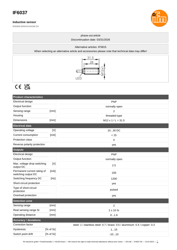 IF6037 \ Inductive sensor \ Range 2 mm \ PNP NO \ M12 \ Cable PUR 2 m datasheet