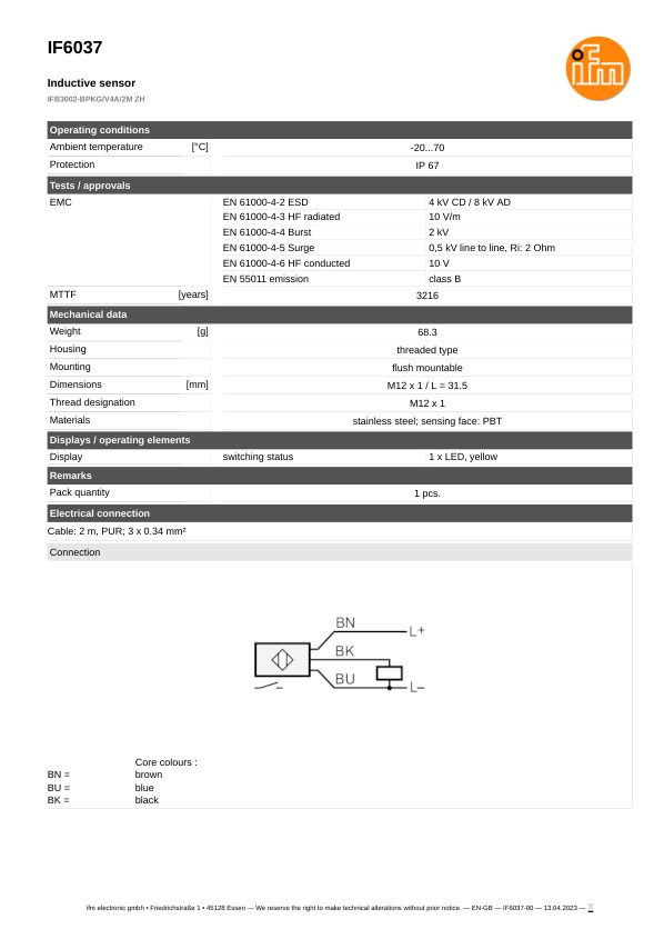 IF6037 \ Inductive sensor \ Range 2 mm \ PNP NO \ M12 \ Cable PUR 2 m datasheet
