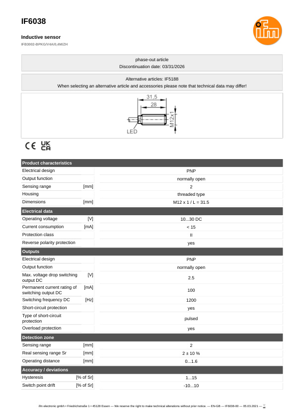 IF6038 \ Inductive sensor \ Range 2 mm \ PNP NO \ M12 \ Cable PUR 0.4m+Connector flat-pin datasheet