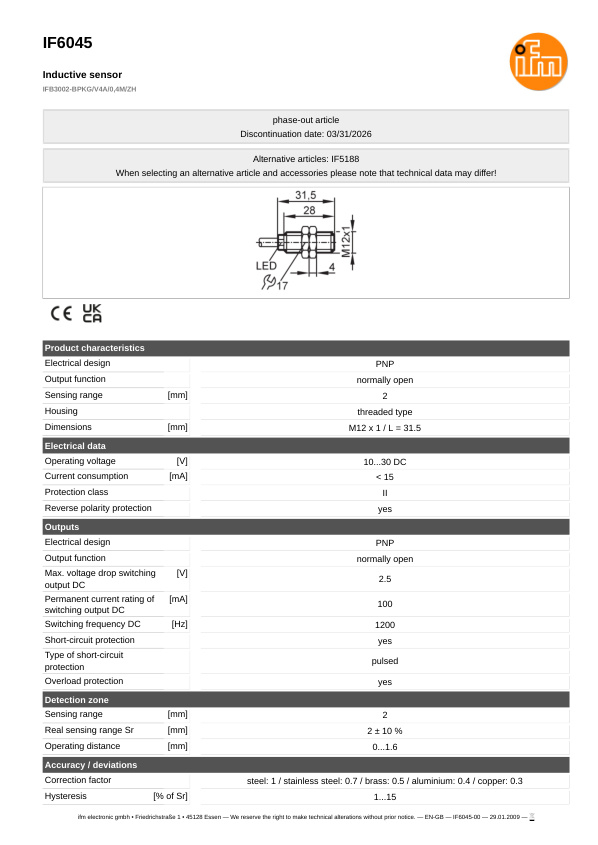 IF6045 \ Inductive sensor \ Range 2 mm \ PNP NO \ M12 \ Cable PUR 0.4 m datasheet
