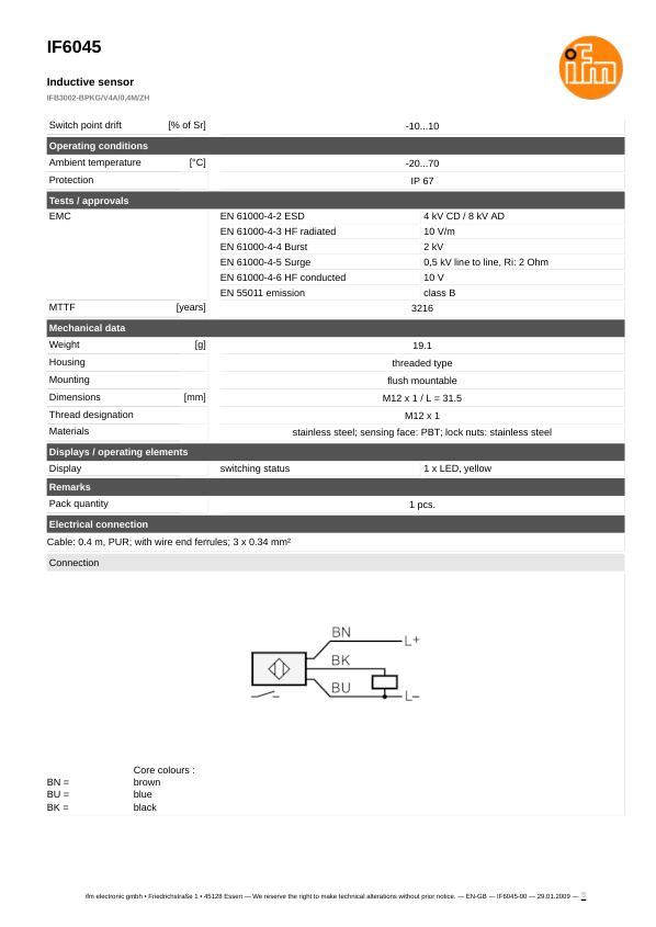 IF6045 \ Inductive sensor \ Range 2 mm \ PNP NO \ M12 \ Cable PUR 0.4 m datasheet