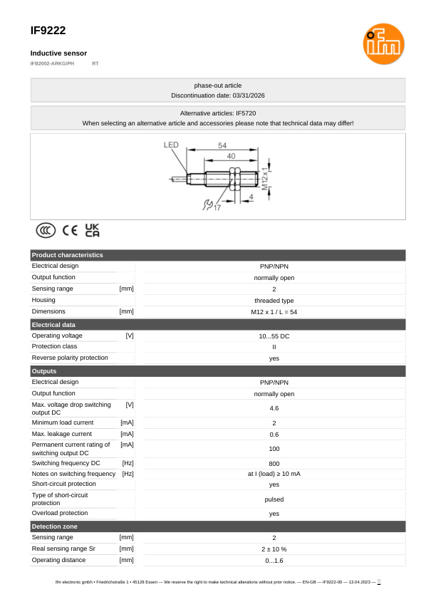IF9222 \ Inductive sensor \ Range 2 mm \ PNP/NPN NO \ M12 \ Cable PUR 2 m datasheet