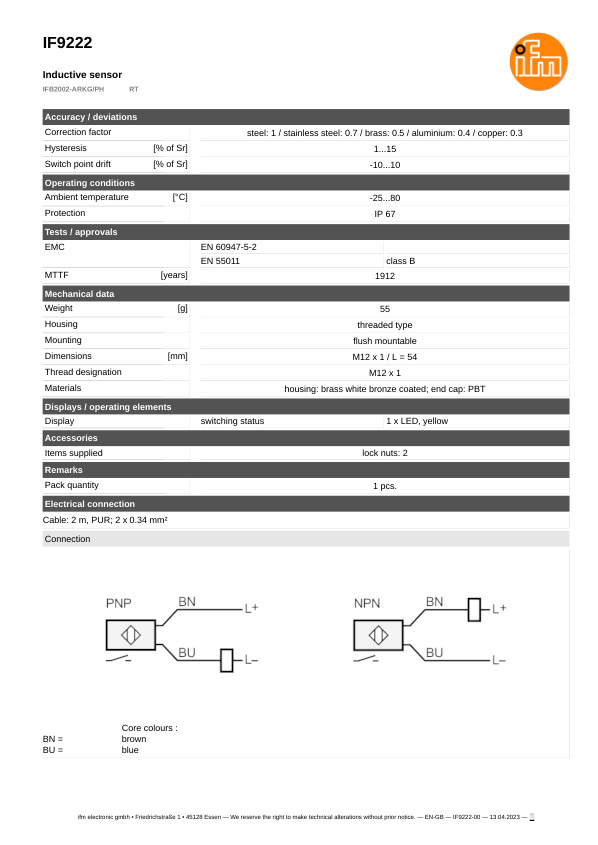 IF9222 \ Inductive sensor \ Range 2 mm \ PNP/NPN NO \ M12 \ Cable PUR 2 m datasheet