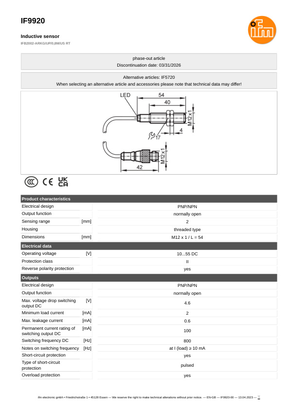 IF9920 \ Inductive sensor \ Range 2 mm \ PNP/NPN NO \ M12 \ Cable PUR 8 m datasheet