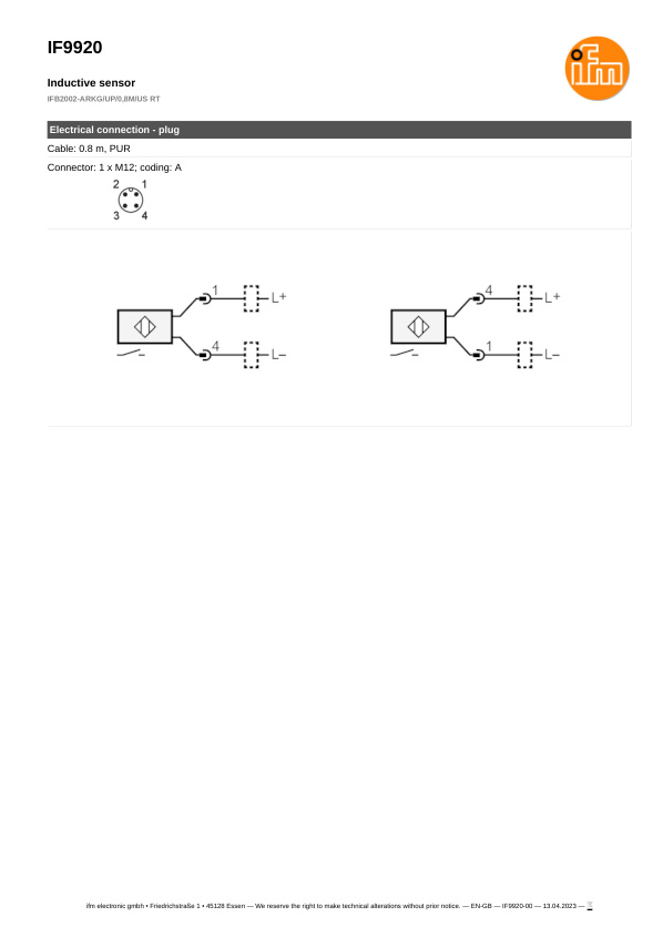 IF9920 \ Inductive sensor \ Range 2 mm \ PNP/NPN NO \ M12 \ Cable PUR 8 m datasheet