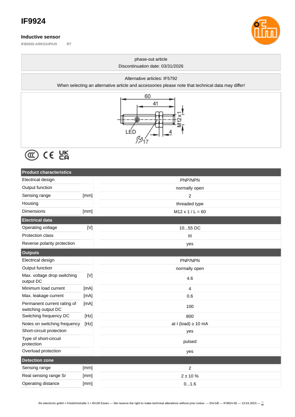 IF9924 \ Inductive sensor \ Range 2 mm \ PNP/NPN NO \ M12 \ Connector M12 datasheet