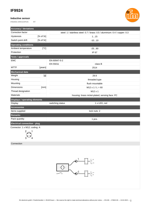 IF9924 \ Inductive sensor \ Range 2 mm \ PNP/NPN NO \ M12 \ Connector M12 datasheet