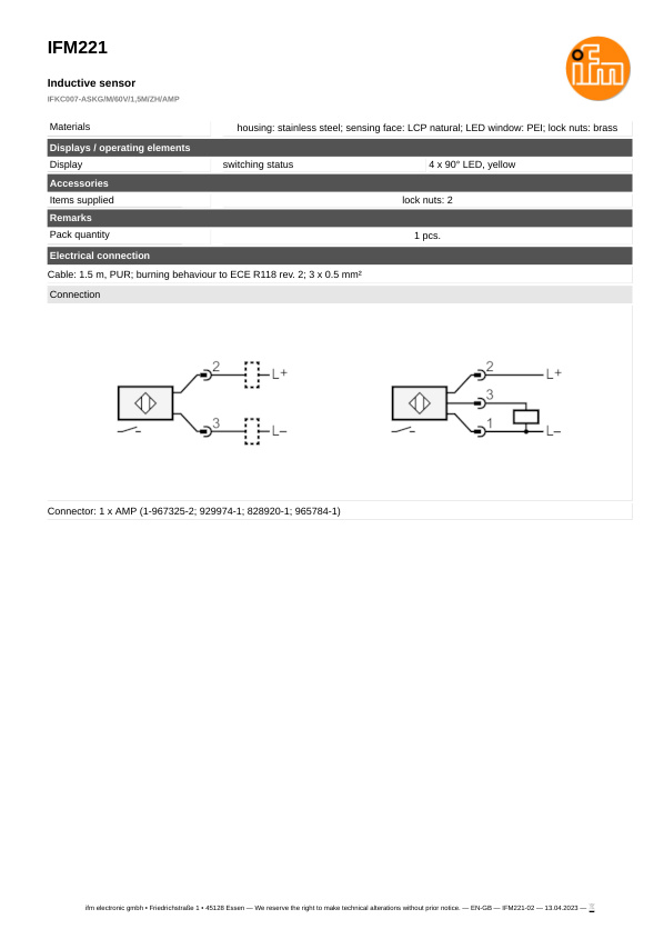 IFM221 \ Inductive sensor \ Range 7 mm \ PNP/NPN NO \ M12 \ Cable PUR 1.5 m datasheet
