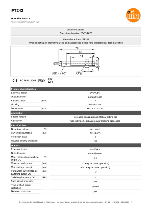 IFT242 \ Inductive sensor \ Range 7 mm \ PNP/NPN NO \ M12 \ Connector M12 datasheet