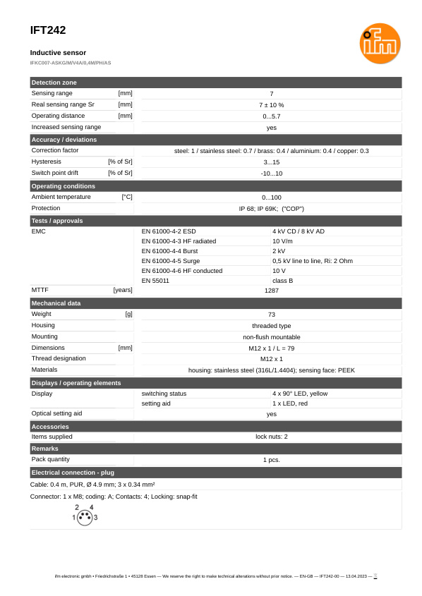 IFT242 \ Inductive sensor \ Range 7 mm \ PNP/NPN NO \ M12 \ Connector M12 datasheet