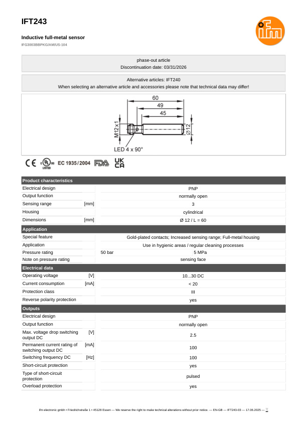 IFT243 \ Inductive sensor \ Range 3 mm \ PNP NO \ Ø 12 \ Connector M12 datasheet