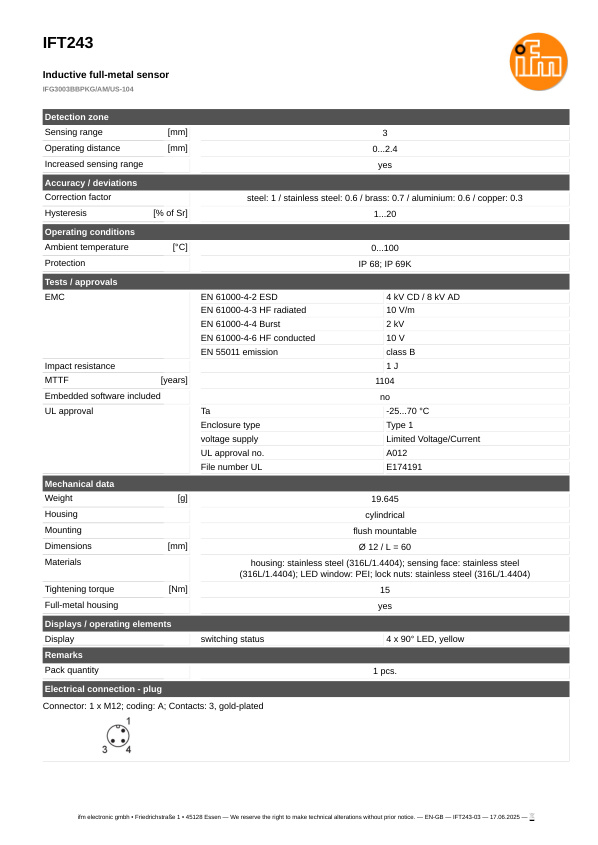 IFT243 \ Inductive sensor \ Range 3 mm \ PNP NO \ Ø 12 \ Connector M12 datasheet