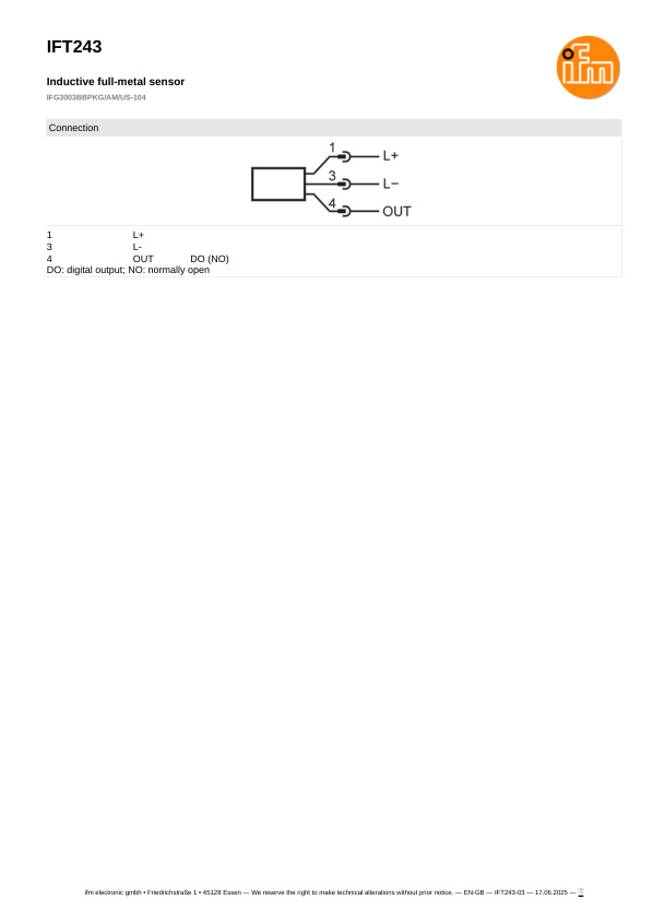 IFT243 \ Inductive sensor \ Range 3 mm \ PNP NO \ Ø 12 \ Connector M12 datasheet