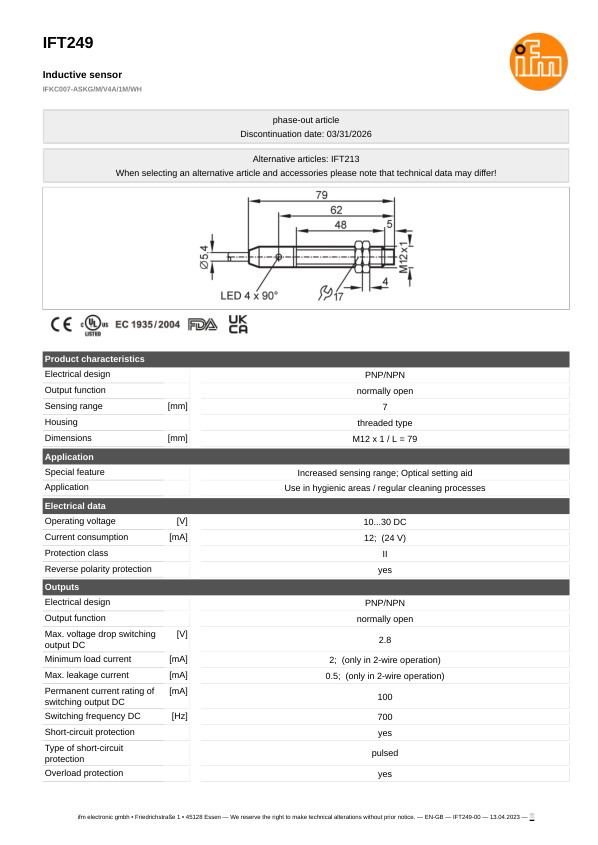 IFT249 \ Inductive sensor \ Range 7 mm \ PNP/NPN NO \ M12 \ Connector M12 datasheet