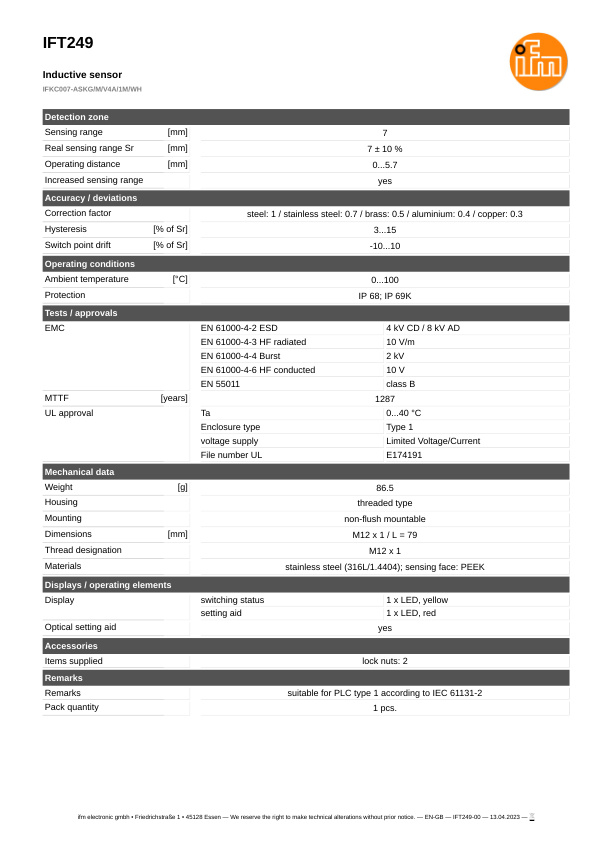 IFT249 \ Inductive sensor \ Range 7 mm \ PNP/NPN NO \ M12 \ Connector M12 datasheet