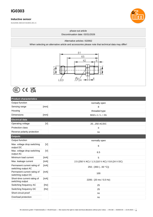 IG0303 \ Inductive sensor \ Range 8 mm \ AC/DC NO \ M18 \ Connector M18 datasheet