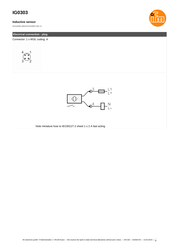 IG0303 \ Inductive sensor \ Range 8 mm \ AC/DC NO \ M18 \ Connector M18 datasheet