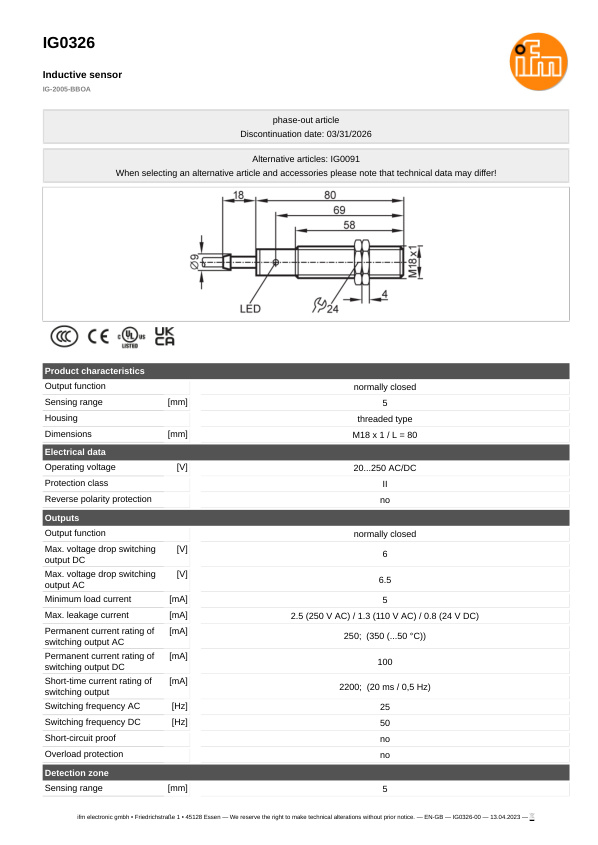 IG0326 \ Inductive sensor \ Range 5 mm \ AC/DC NC \ M18 \ Connector M12 datasheet