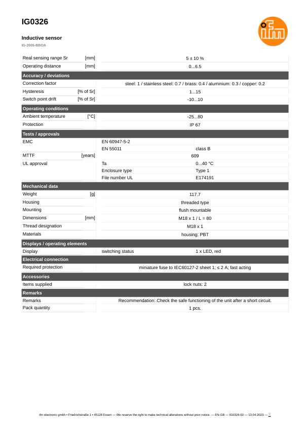 IG0326 \ Inductive sensor \ Range 5 mm \ AC/DC NC \ M18 \ Connector M12 datasheet