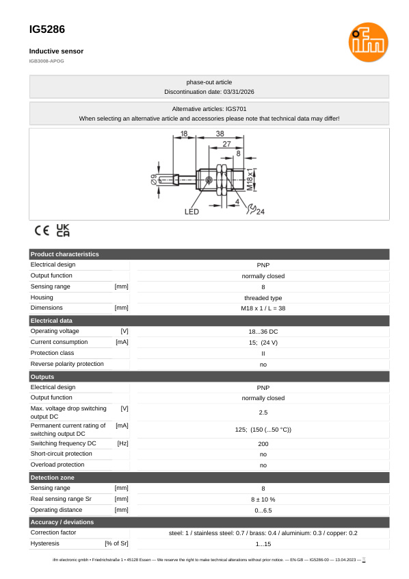 IG5286 \ Inductive sensor \ Range 8 mm \ PNP NC \ M18 \ Connector M12 datasheet