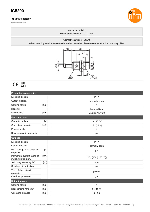 IG5290 \ Inductive sensor \ Range 8 mm \ PNP NO \ M18 \ Connector M12 datasheet