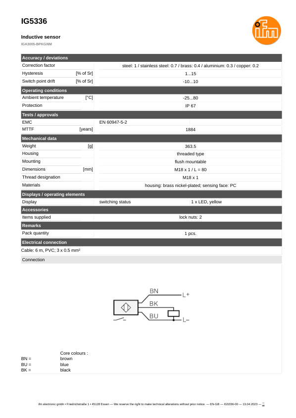 IG5336 \ Inductive sensor \ Range 5 mm \ PNP NO \ M18 \ Cable PVC 6m datasheet