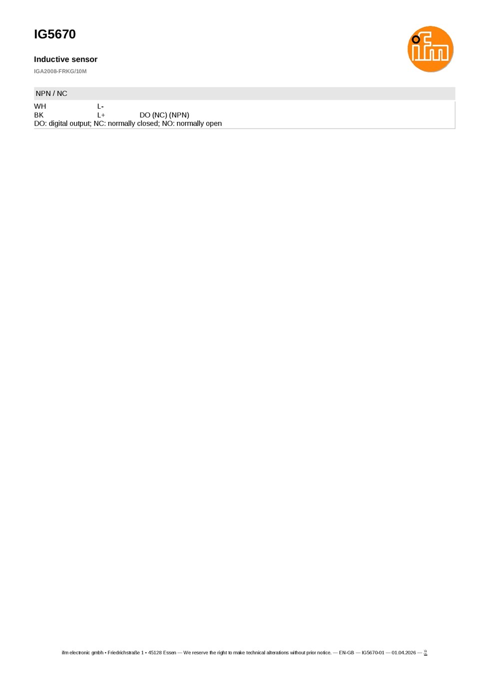 IG5670 \ Inductive sensor \ Range 8 mm \ PNP/NPN NO/NC \ M18 \ Connector M12 datasheet