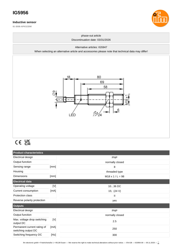 IG5956 \ Inductive sensor \ Range 8 mm \ PNP NC \ M18 \ Connector M12 datasheet