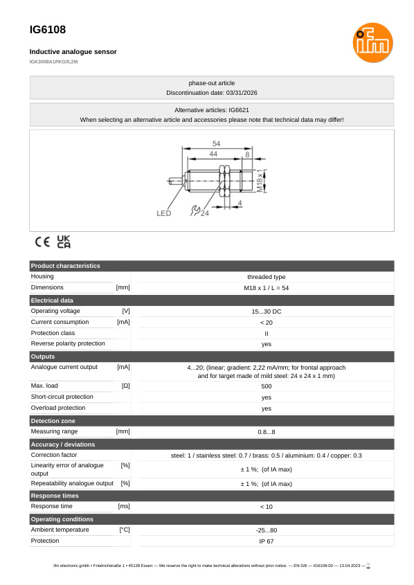 IG6108 \ Inductive sensor \ Range 8 mm \ M18 \ Connector M12 datasheet