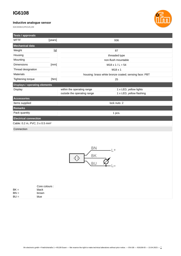 IG6108 \ Inductive sensor \ Range 8 mm \ M18 \ Connector M12 datasheet